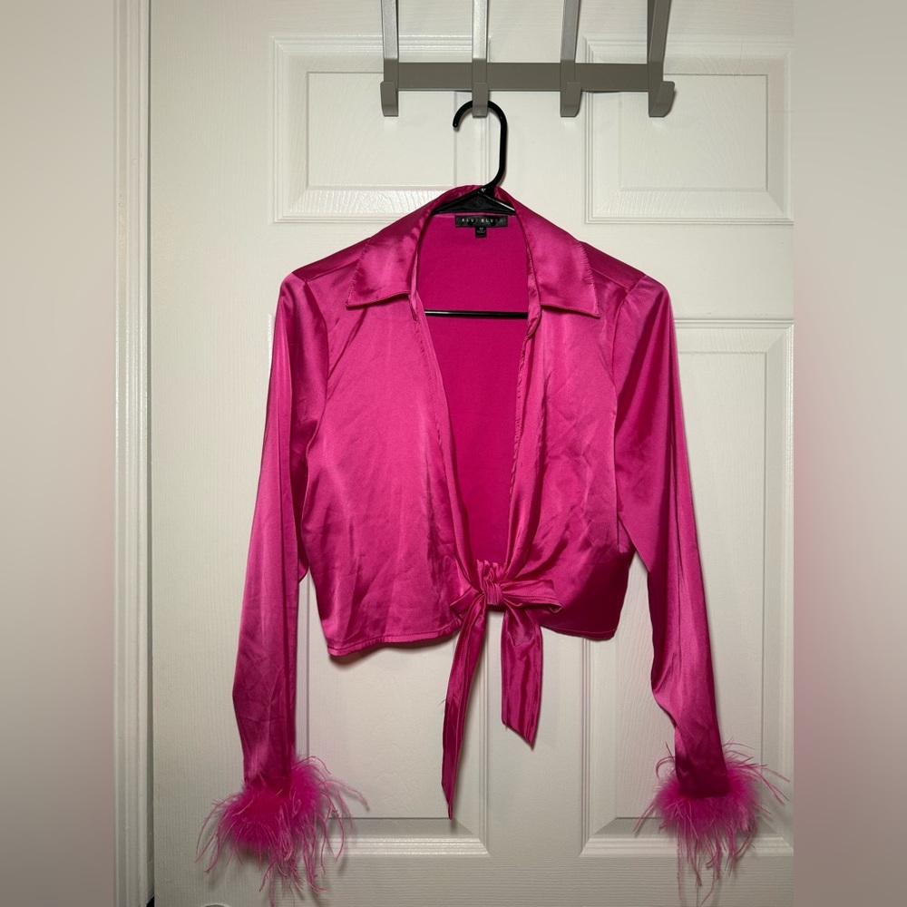 Blue Blush Fuchsia Satin Tie-Front Blouse